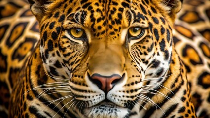 Obraz premium Vibrant, close-up image of a jaguar's fur pattern featuring intricate, dark rosettes on a golden coat, showcasing the animal's exotic, majestic beauty in stunning detail.
