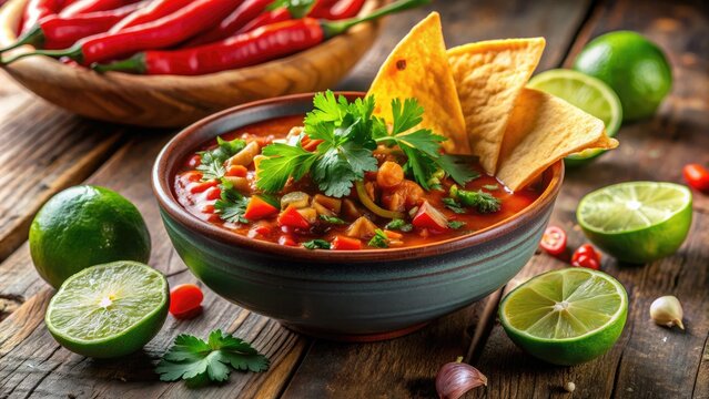 Vibrant close-up of a juicy lime wedge garnishing a steaming bowl of spicy chili, garnished with fresh cilantro and crispy tortilla strips.