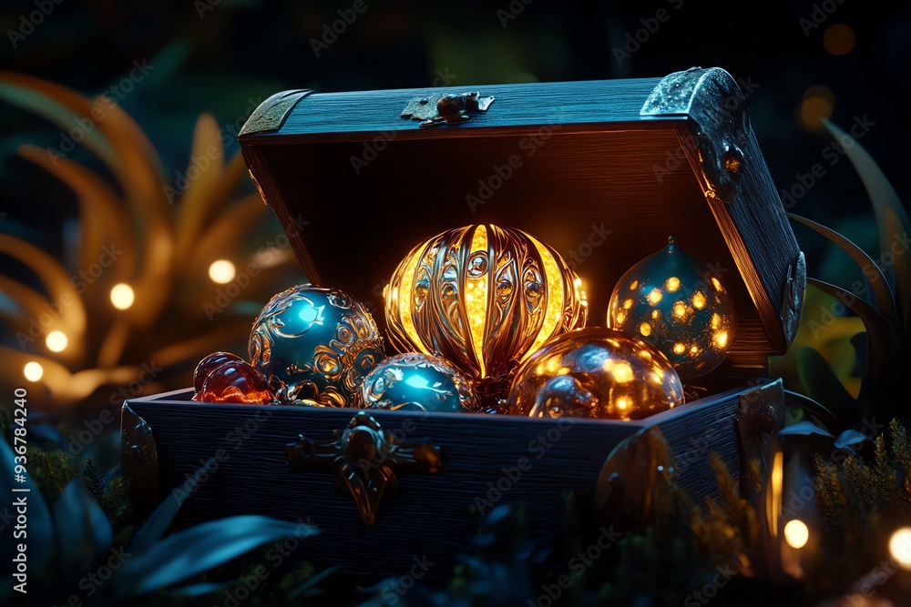 Poster a mystical treasure chest glowing with colorful orbs, surrounded by enchanting foliage and soft ligh