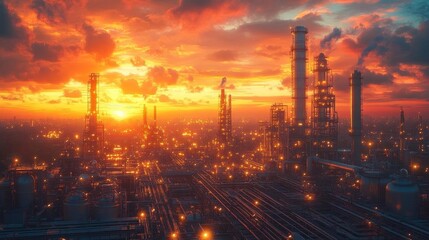 Industrial Refinery at Sunset with Vibrant Sky Generative AI