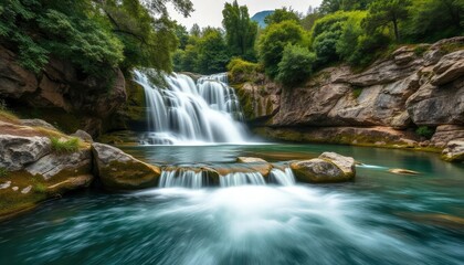 Fototapeta premium Beautiful Krka Waterfalls in Krka National Park,Croatia.Long exposure for flowing water, ai