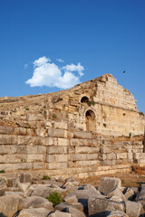 Fototapeta premium Ruins, buildings and outdoor for architecture town, history and public destination for tourism, Location, ancient exterior and culture exploration or sightseeing, travel and structure in Turkey