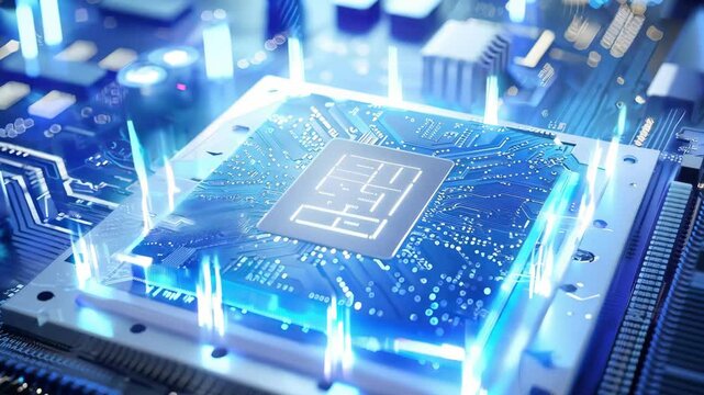 Futuristic illustration of a glowing microchip on a circuit board, representing advanced technology and innovation in electronics.