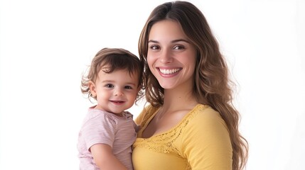 Happy pregnant woman with a child, both smiling, isolated on white background
