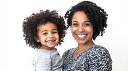 Joyful pregnant woman and child sharing a smile, isolated on white background