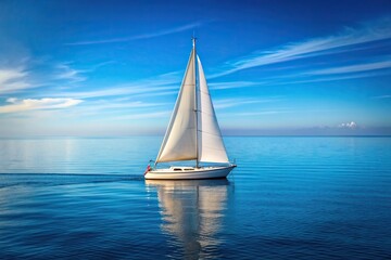 Fototapeta premium ocean, nautical, boating, leading lines, sailing, gentle breeze, leisure, blue sea, A beautiful white sailboat glides across the calm blue sea its sail standing tall in the gentle breeze