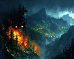 Enigmatic Forest Fire with Mysterious Fiery Creature in a Dark Mountain Landscape Illuminates the Night Sky with Malevolent Glow