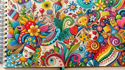 Vibrant colorful doodles and sketches overflow from a worn notebook page, featuring whimsical patterns, abstract shapes, and playful illustrations, evoking creativity and imagination.