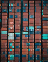 Fototapeta premium Extensive array of shipping containers is stacked neatly at busy port, showcasing vibrant mix of colors and arrangements. Aerial perspective highlights the organized chaos of cargo logistics. AI