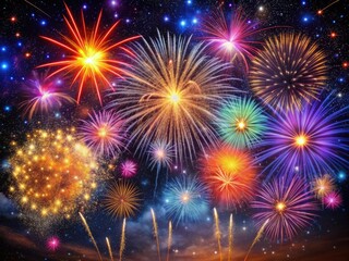 Vibrant colorful fireworks explode in the night sky, painting a stunning pattern of light and shadow against a dark, star-studded background.