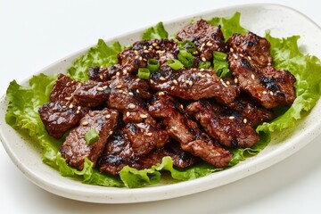 Bulgogi , Marinated and grilled beef, often served with lettuce wraps and ssamjang (a thick, spicy paste). Isolated on White Background