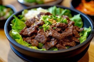 Bulgogi, Marinated and grilled beef, often served with lettuce wraps and ssamjang (a thick, spicy paste).