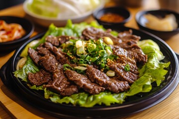 Bulgogi, Marinated and grilled beef, often served with lettuce wraps and ssamjang (a thick, spicy paste).