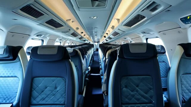 Exploring the spacious interior of a modern airplane cabin during daylight
