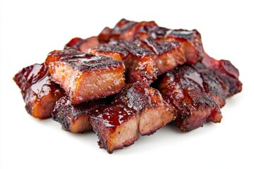 Char Siu, Cantonese-style barbecued pork, marinated in a mixture of honey, five-spice powder, fermented tofu, dark soy sauce, and hoisin sauce, then roasted. isolated on white background