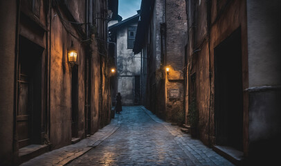 A narrow alleyway in an old European city is lit by a few streetlights on a cloudy evening
