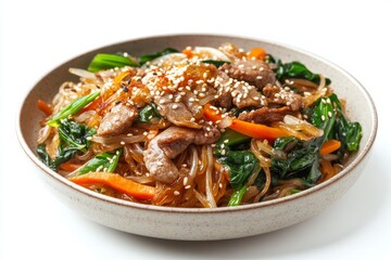 Japchae , A dish made from sweet potato noodles stir-fried with vegetables, meat, and seasoned with soy sauce and sesame oil. Isolated on White Background