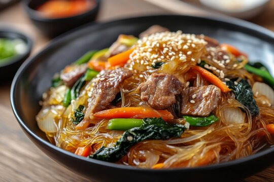 Japchae, A dish made from sweet potato noodles stir-fried with vegetables, meat, and seasoned with soy sauce and sesame oil.