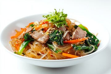 Japchae, A dish made from sweet potato noodles stir-fried with vegetables, meat, and seasoned with soy sauce and sesame oil. isolated on white background