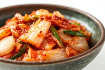 Kimchi , A traditional fermented vegetable dish, typically made with napa cabbage and Korean radishes, seasoned with chili powder, garlic, ginger, and salted seafood. Isolated on White Background