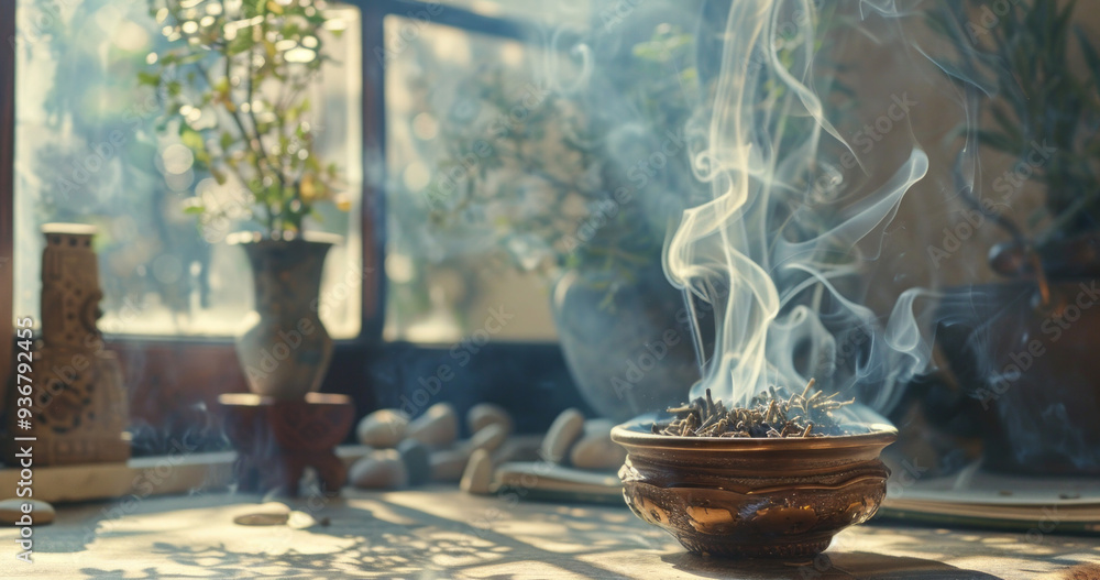 Poster delicate wisps of smoke ascend from an incense burner in a tranquil indoor setting, surrounded by gr