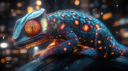 Close-up of a colorful chameleon at night - generative ai