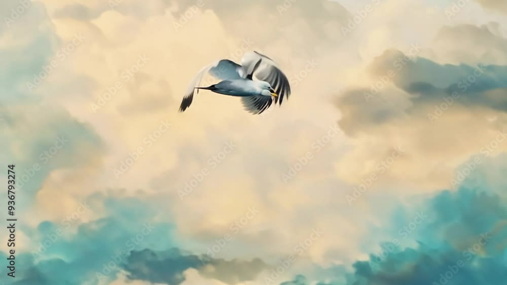 Poster seagull soaring through colorful clouds at sunset generative ai