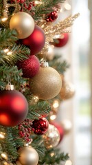 Fototapeta premium The holiday garland showcases vibrant red and gold ornaments, twinkling lights enhancing the warm atmosphere of the indoor setting