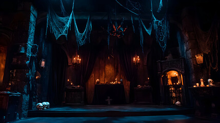 Obraz premium A dark, gothic stage with heavy, black curtains, wrought iron fixtures, and flickering candlelight