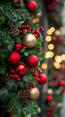 The garland features vibrant red and gold ornaments intertwined with pinecones and greenery, enhancing the festive decor for the holiday season