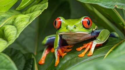 Red-Eyed Tree Frog Resting on Green Leaves
