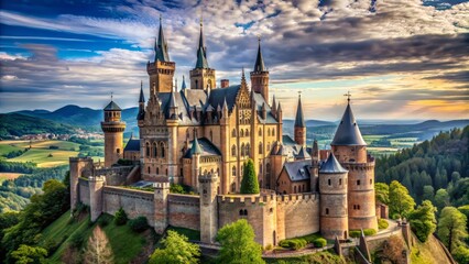 Fototapeta premium Medieval castle stands tall with towering spires reaching the sky, adorned with intricate carvings that tell tales of history and mythology.