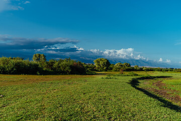 Mountain landscape with green meadow