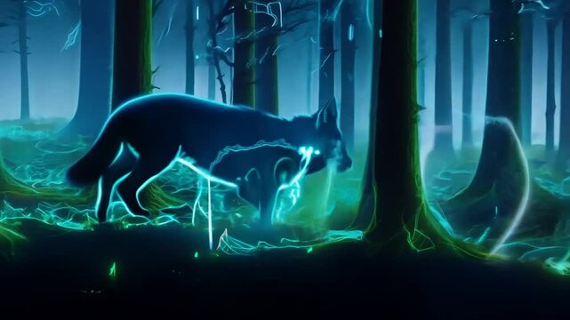 Glowing Wolf Stands Among Vibrant Trees in a Mystical Forest Generative AI