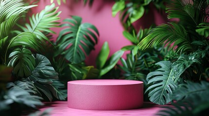 Fototapeta premium Pink Pedestal with Tropical Plants - Generative AI