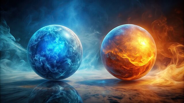 Vibrant contrasting spheres, one glowing bright blue and the other warm orange, floating side by side in a misty atmosphere, highlighting their distinct differences.