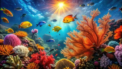 Vibrant coral reef teeming with marine life, colorful fish darting through wavy sea fans, and sunlight filtering down through crystal-clear turquoise ocean waters.