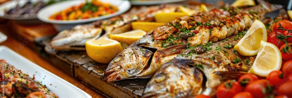 Wall mural Variety of Appetizers Featuring Fish and Vegetables in a Cold Meze Display Showcasing a Bounty of Cuisine