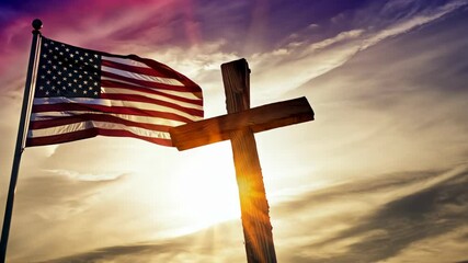 The cross of Jesus illuminated by sunset against a backdrop of the American flag - Powered by Adobe