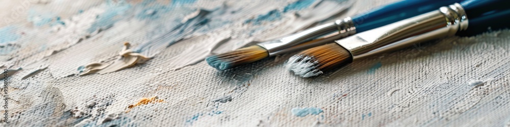 Aufkleber close-up of an empty canvas with paintbrushes