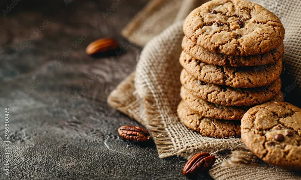 Poster stack of chocolate chip cookies on a rustic cloth