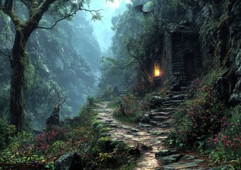 Enchanting Mountainside Pathway Leading to a Hidden Cave with Glowing Lantern Amidst Lush Greenery and Wildflowers