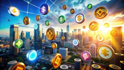 Vibrant digital game interface elements, including coins, badges, and experience points, hover above a blurred cityscape, blending the virtual and real worlds.