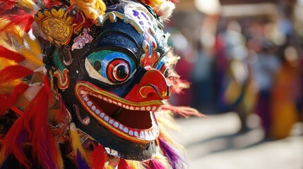 Fototapeta premium A traditional mask features intricate designs and vivid colors, worn during a cultural festival celebrating heritage and artistic expression