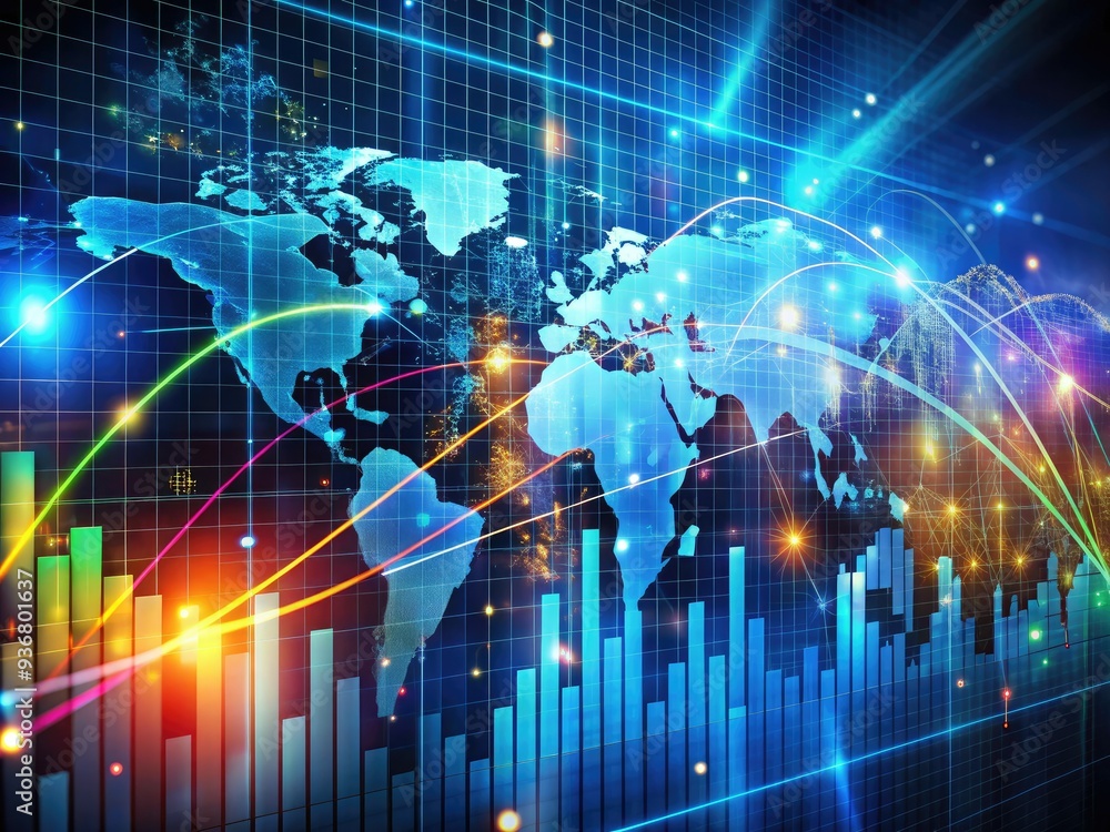 Poster vibrant digital visualization of global financial data flowing through a grid, representing efficien