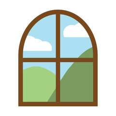 Window with clouds and mountain. Natural, landscape, weather concepts. Flat modern vector design illustration.