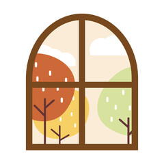 Window with colorful trees. Natural, landscape, weather, fall concepts. Flat modern vector design illustration.