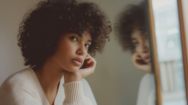 Positive Affirmations: A woman looking in the mirror, repeating positive affirmations to herself, with copy space