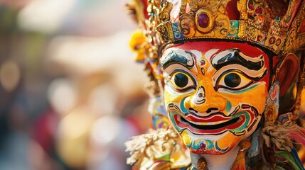 Fototapeta premium A traditional mask adorned with bright colors and detailed patterns captures attention at a lively cultural festival