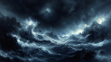 A dark seascape with violent waves pounding against jagged rocks, rendered in bold oil paint strokes, hand brush technique capturing the fury of the storm, dramatic and intense